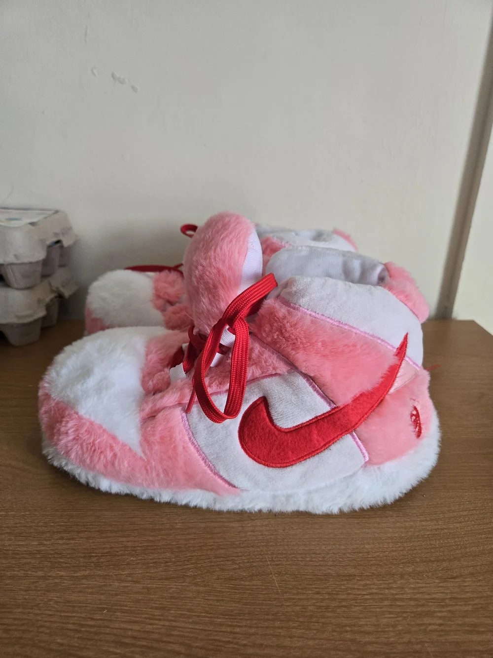 Nike Kids Pink and White Plush Slippers with Red Swoosh